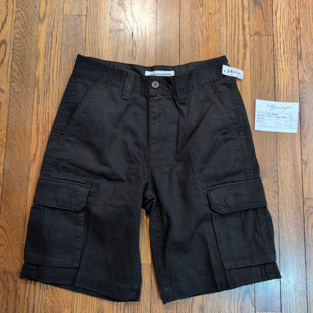 NWT‎ Amazon Essentials Mens 29 Black Cargo Shorts 100% Cotton F16AE60004-BLCK-29